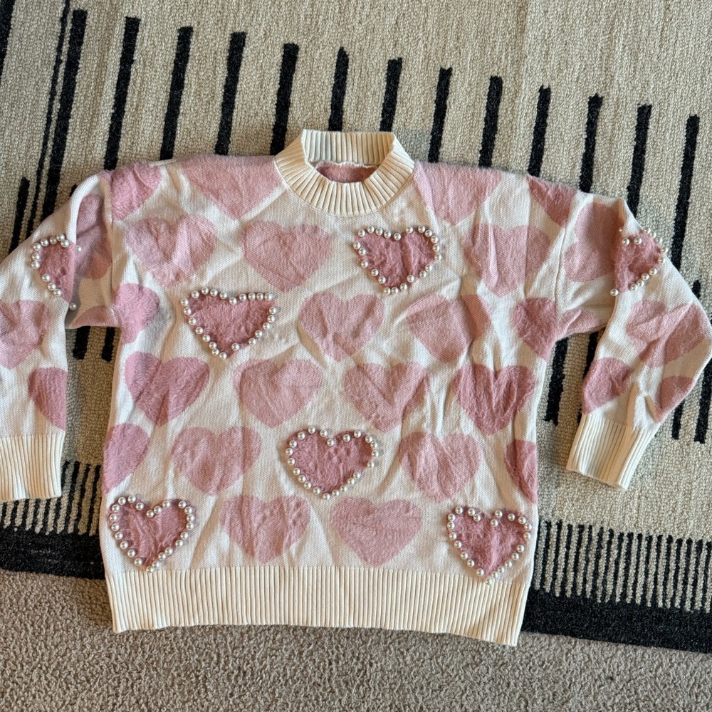 Pearl-Accent Pink Heart Turtleneck Sweater